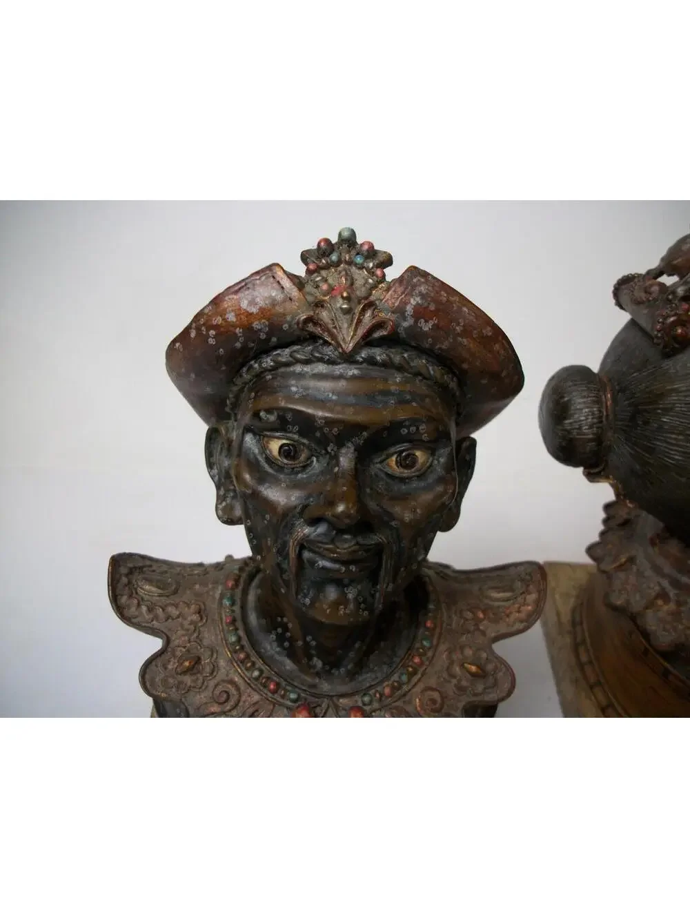 2) Antique Chinoiserie-style Mandarin and Queen jeweled glass eyed Sculptures